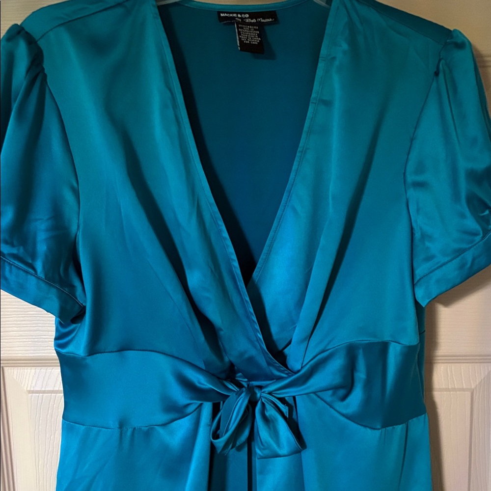 Express Teal Satin Wrap-Style Blouses with Front Tie